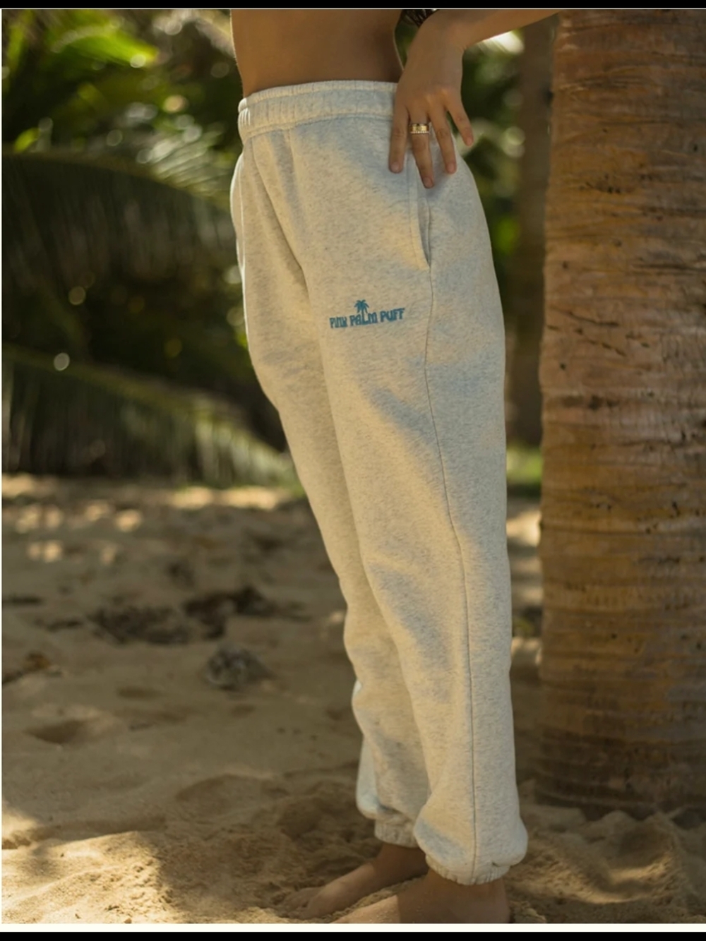 Women's Pink Palm Puff Light Heather Gray Sweatpants with Teal Logo - Small Tall